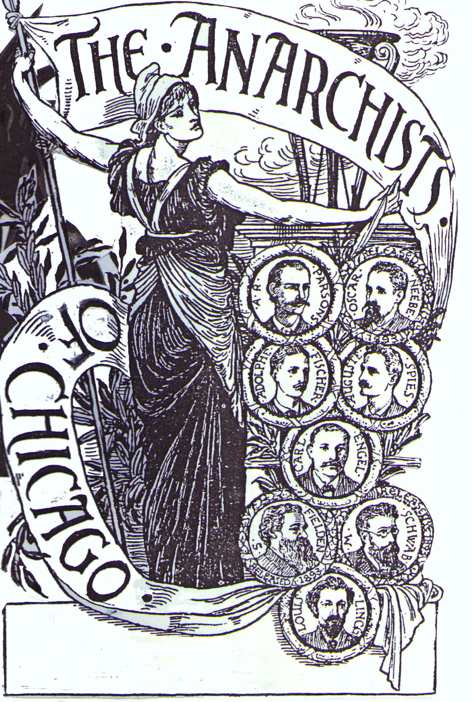 This sympathetic engraving by English Arts and Crafts illustrator Walter Crane of "The Anarchists of Chicago" was widely circulated among anarchists, socialists, and labor activists.